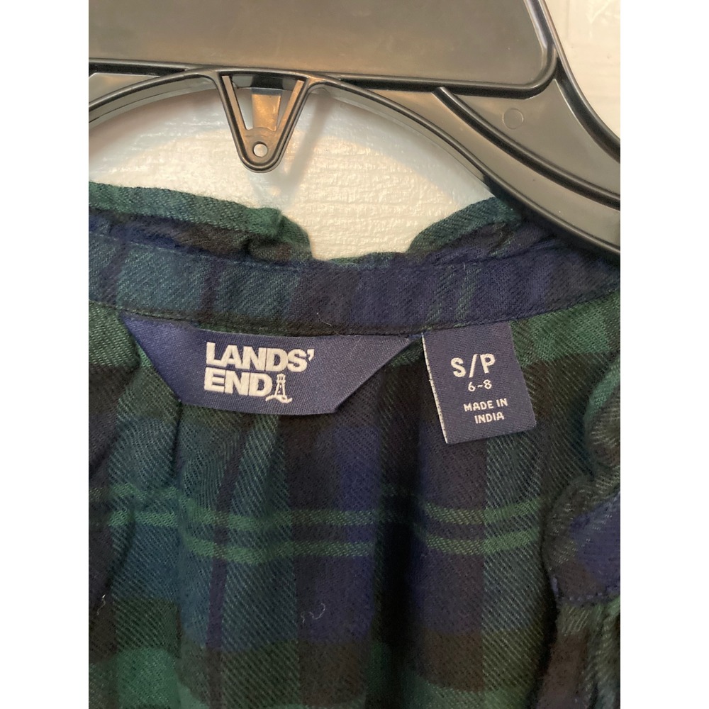 Lands End Womens Green Navy Plaid Ruffle Neck Puff Sleeve Blouse Top Small - Picture 3 of 3